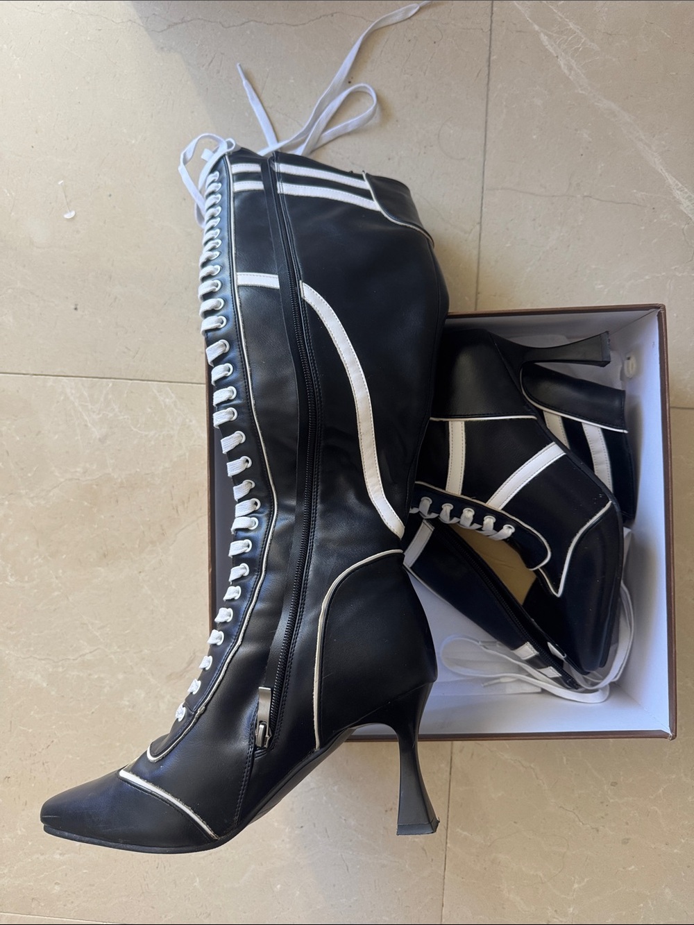 Women's Black and White Lace-Up Knee Boot Heel